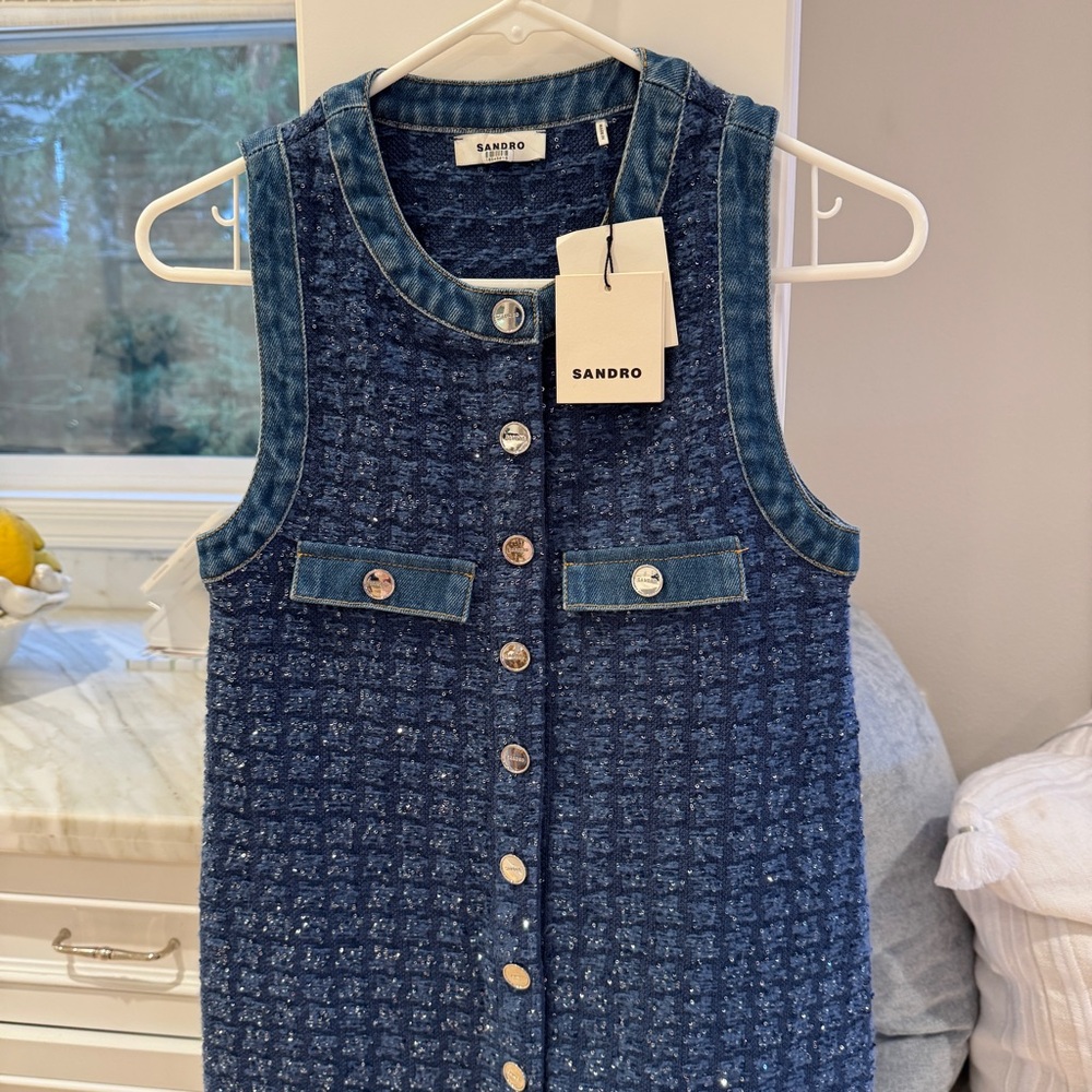 Sandro Navy Blue Tweed Mini Dress with Button Front - Picture 2 of 8